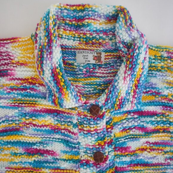 Handknit Multicolor Painterly Stripe Button Front Chunky FolkArt Knit Cardigan M - Picture 10 of 10